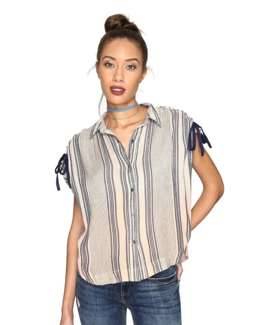 NWT Free People Baby Blues Striped Button Front Top Women's Small Shoulder Ties